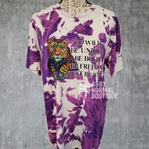 Be Wild Leopard T-Shirt, Bleached Tie-Dye Rainbow Tee, Purple Large